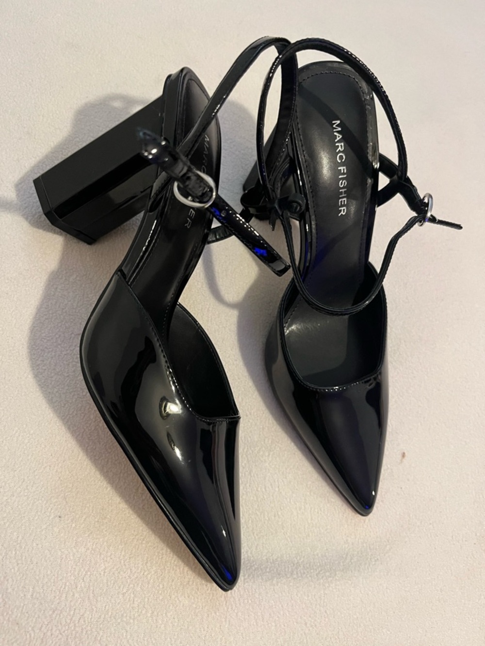 Marc Fisher Black Patent Pointed-Toe Block Heel Slingbacks